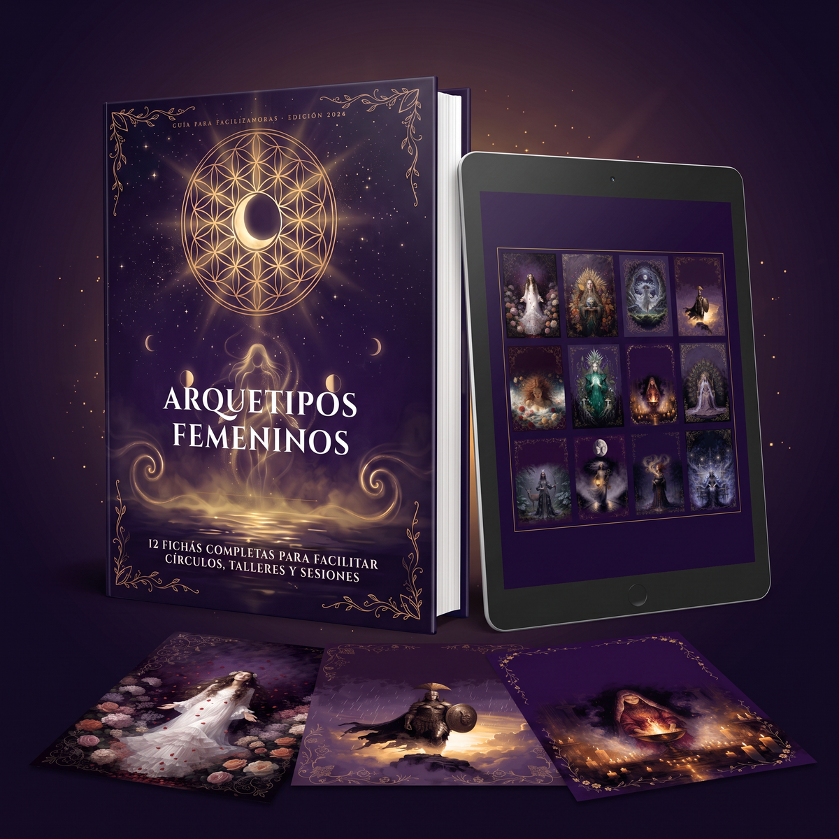 Megapack Arquetipos Femeninos: guía, tablet con las 12 cartas y cartas del deck