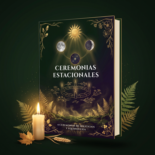 Ceremonias Estacionales: libro con la portada verde y una vela